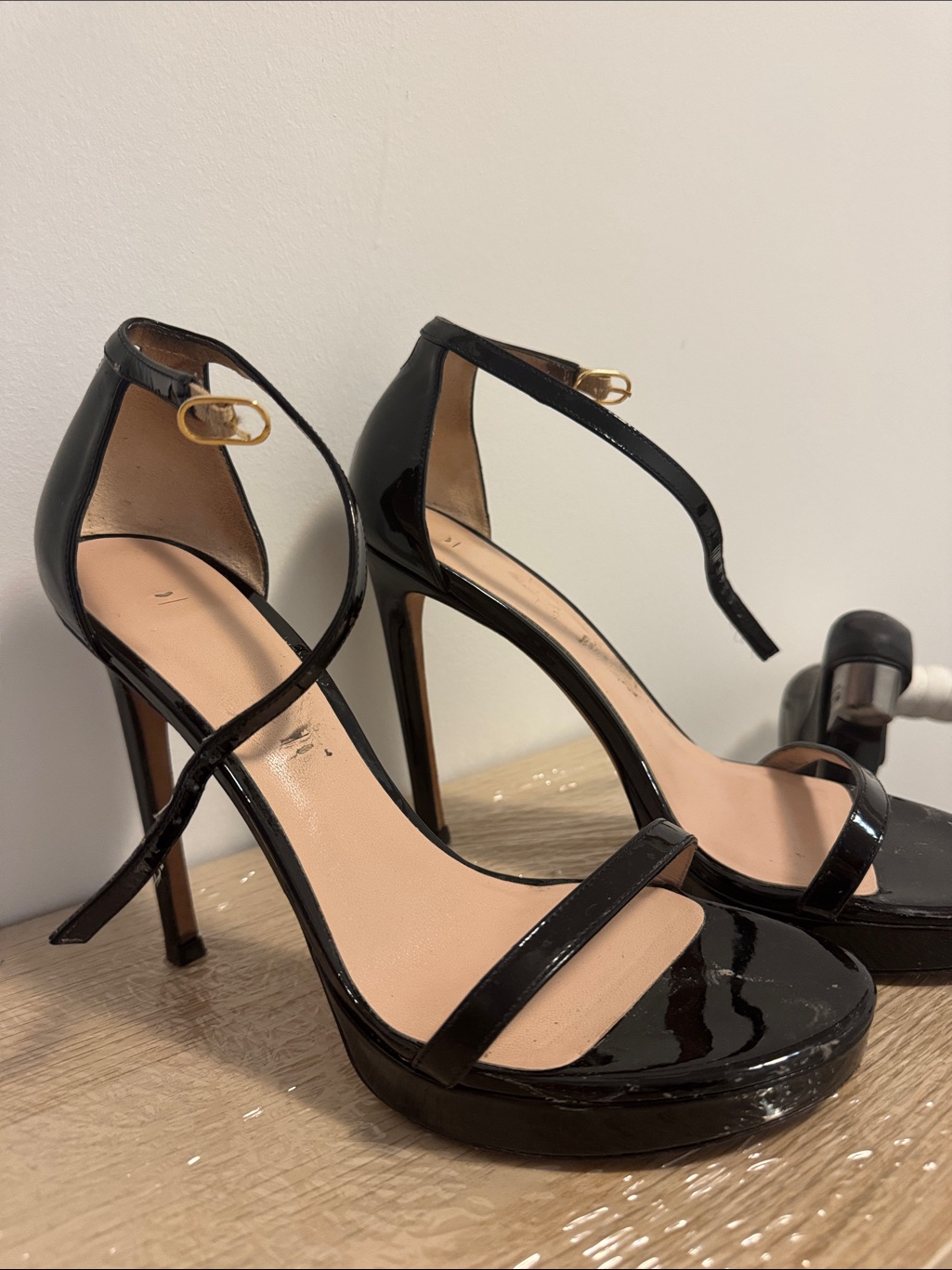 Stuart Weitzman Black Patent Crisscross Ankle-Strap Heels